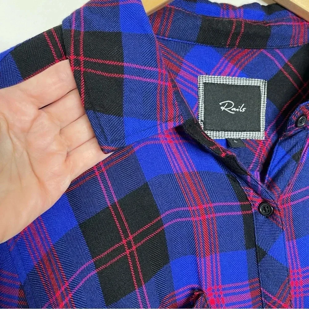 RAILS Nadine Flannel Plaid Royal Blue Red Shirt Dress Tie pockets Cabincore